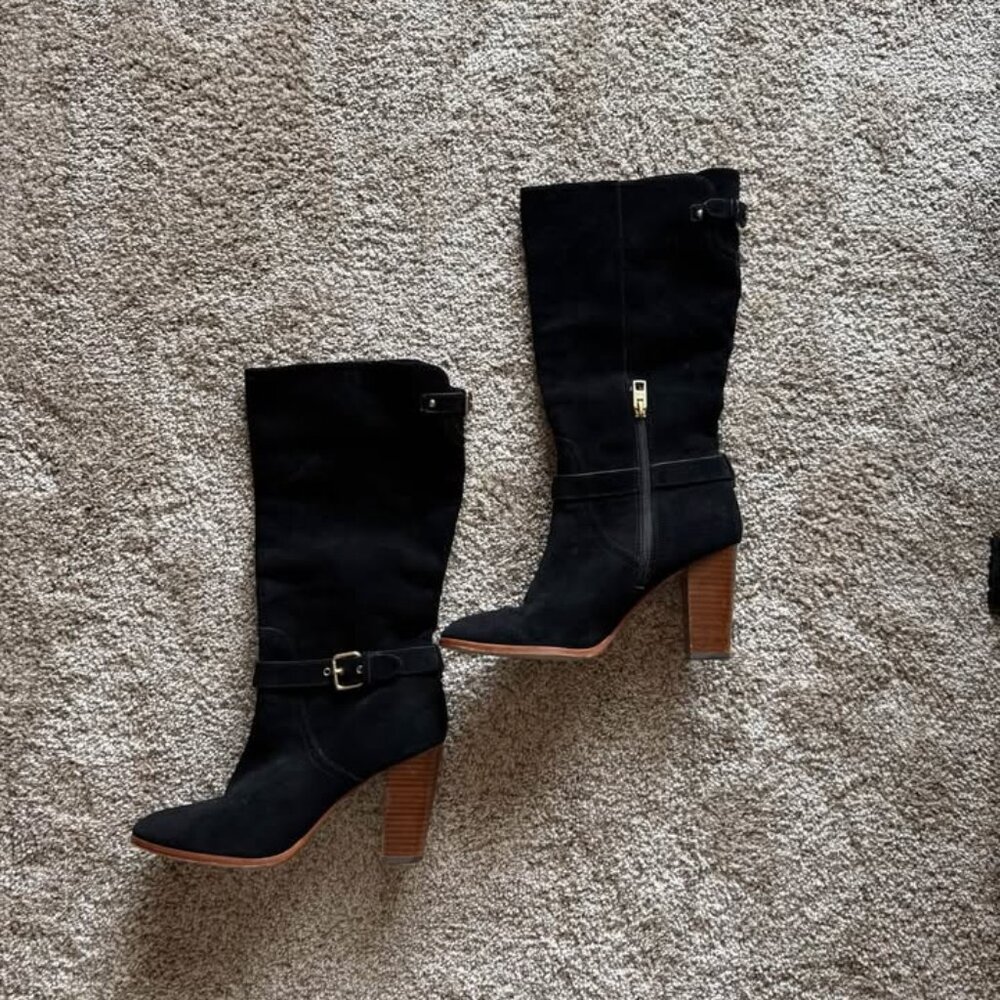 COACH Women’s Beverly Black Suede Buckle Heel Tall Boots Size 8B